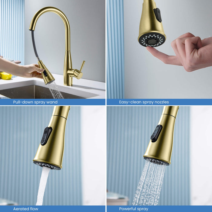 Kibi Bari-T Single Handle Pull Down Kitchen Sink Faucet With Soap Dispenser in Brushed Gold Finish - C-KKF2016BG-KSD100BG