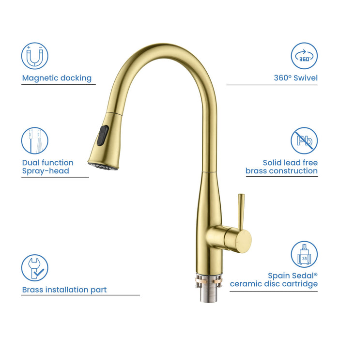 Kibi Bari-T Single Handle Pull Down Kitchen Sink Faucet With Soap Dispenser in Brushed Gold Finish - C-KKF2016BG-KSD100BG