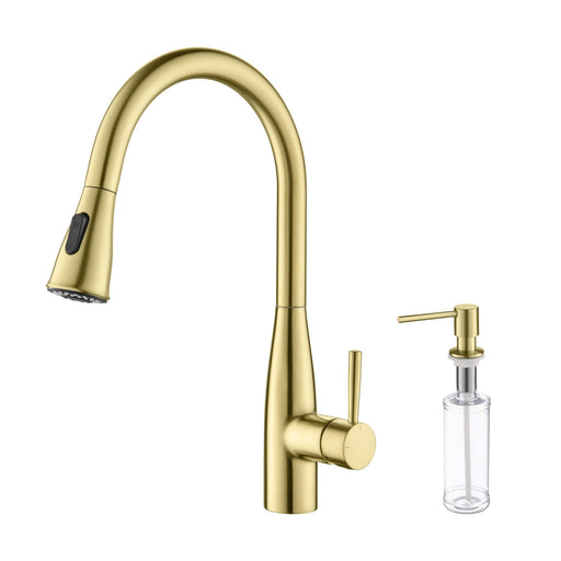 Kibi Bari-T Single Handle Pull Down Kitchen Sink Faucet With Soap Dispenser in Brushed Gold Finish - C-KKF2016BG-KSD100BG