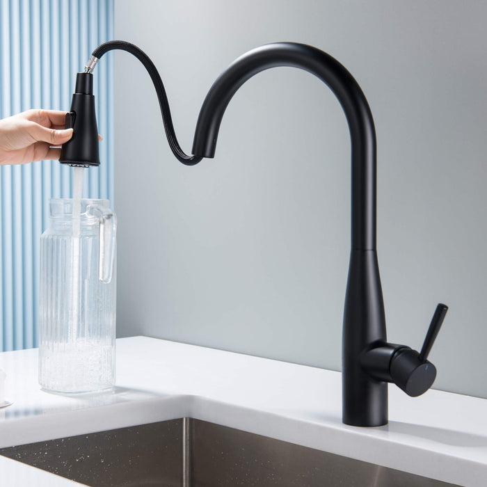 Kibi Bari-T Single Handle Pull Down Kitchen Sink Faucet With Soap Dispenser in Matte Black Finish - C-KKF2016MB-KSD100MB