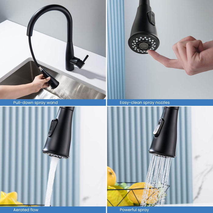 Kibi Bari-T Single Handle Pull Down Kitchen Sink Faucet With Soap Dispenser in Matte Black Finish - C-KKF2016MB-KSD100MB