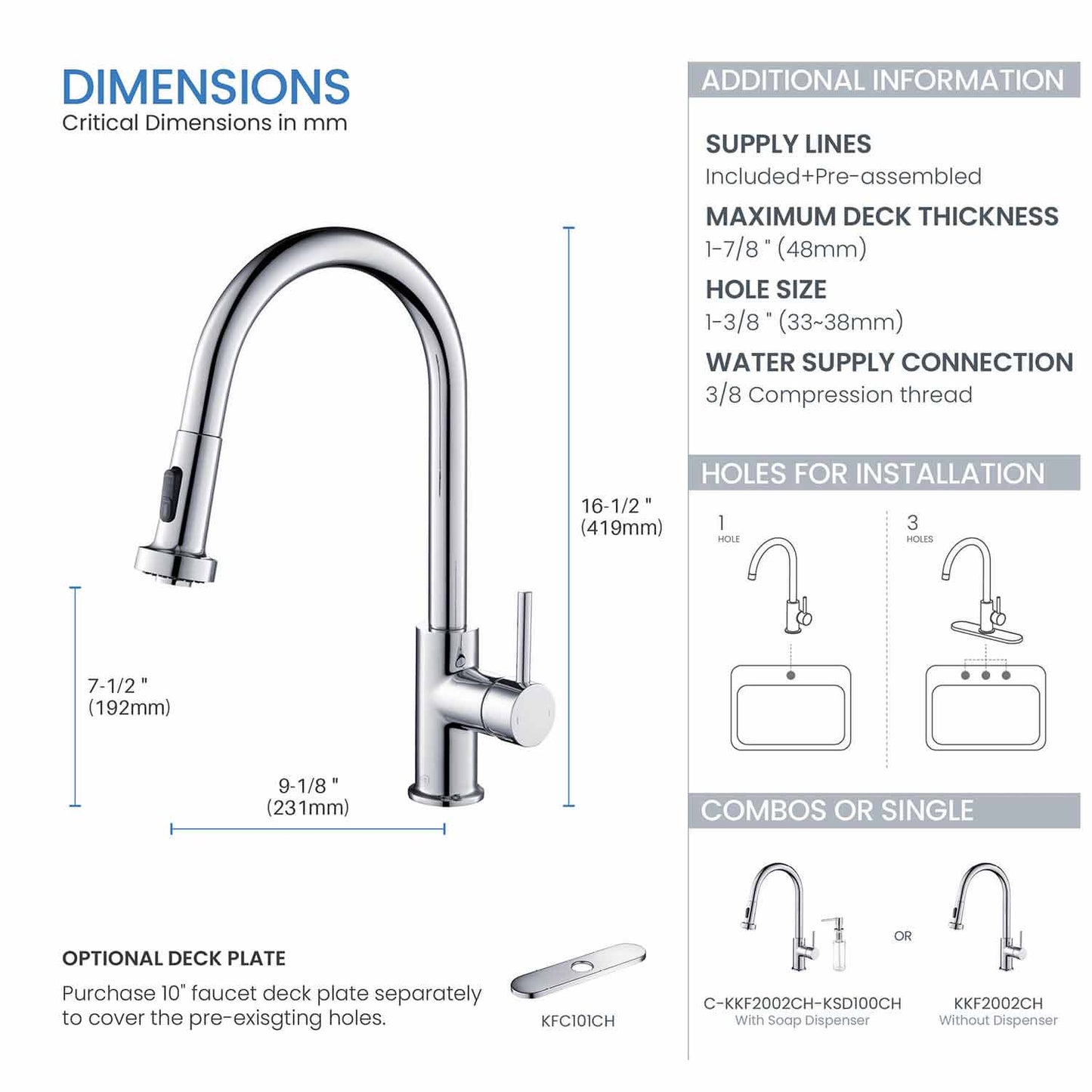 Kibi Casa Single Handle High Arc Pull Down Kitchen Faucet in Chrome Finish - KKF2002CH