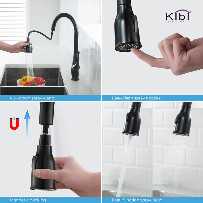 Kibi Cedar Single Handle High Arc Pull Down Kitchen Faucet With Soap Dispenser in Oil Rubbed Bronze Finish - C-KKF2010ORB-KSD101ORB