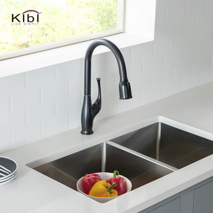 Kibi Cedar Single Handle High Arc Pull Down Kitchen Faucet With Soap Dispenser in Oil Rubbed Bronze Finish - C-KKF2010ORB-KSD101ORB