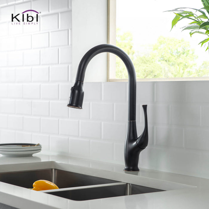 Kibi Cedar Single Handle High Arc Pull Down Kitchen Faucet With Soap Dispenser in Oil Rubbed Bronze Finish - C-KKF2010ORB-KSD101ORB