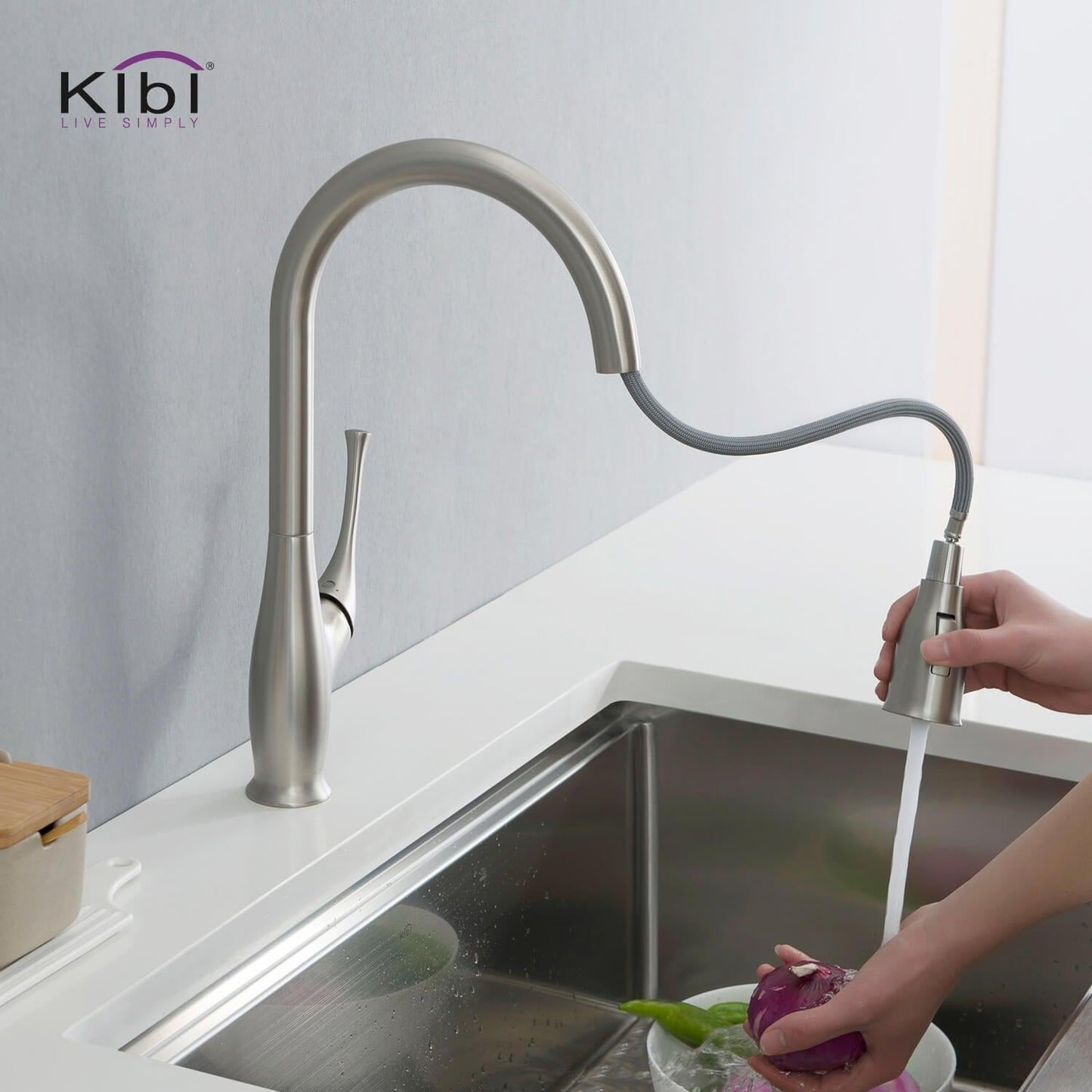 Kibi Cedar Single Handle High Arc Pull Down Kitchen Faucet in Brushed Nickel Finish - KKF2010BN
