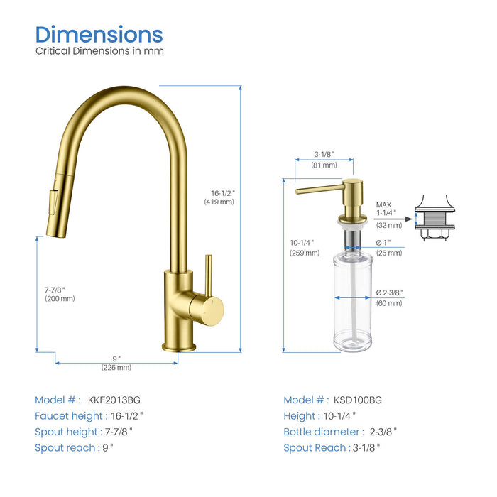 Kibi Circular Single Handle Pull Down Kitchen Faucet With Soap Dispenser in Brushed Gold Finish - C-KKF2013BG-KSD100BG