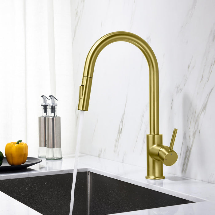 Kibi Circular Single Handle Pull Down Kitchen Faucet With Soap Dispenser in Brushed Gold Finish - C-KKF2013BG-KSD100BG