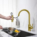 Kibi Circular Single Handle Pull Down Kitchen Faucet With Soap Dispenser in Brushed Gold Finish - C-KKF2013BG-KSD100BG