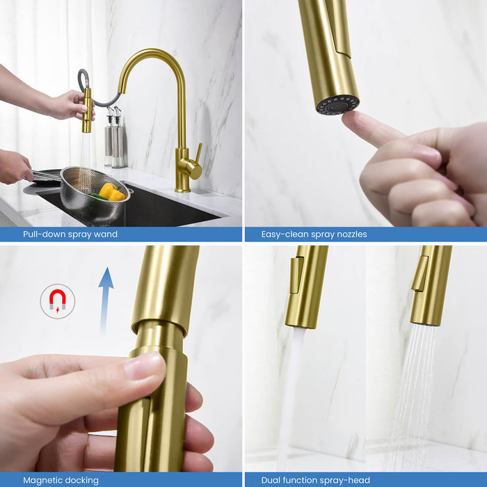 Kibi Circular Single Handle Pull Down Kitchen Faucet With Soap Dispenser in Brushed Gold Finish - C-KKF2013BG-KSD100BG