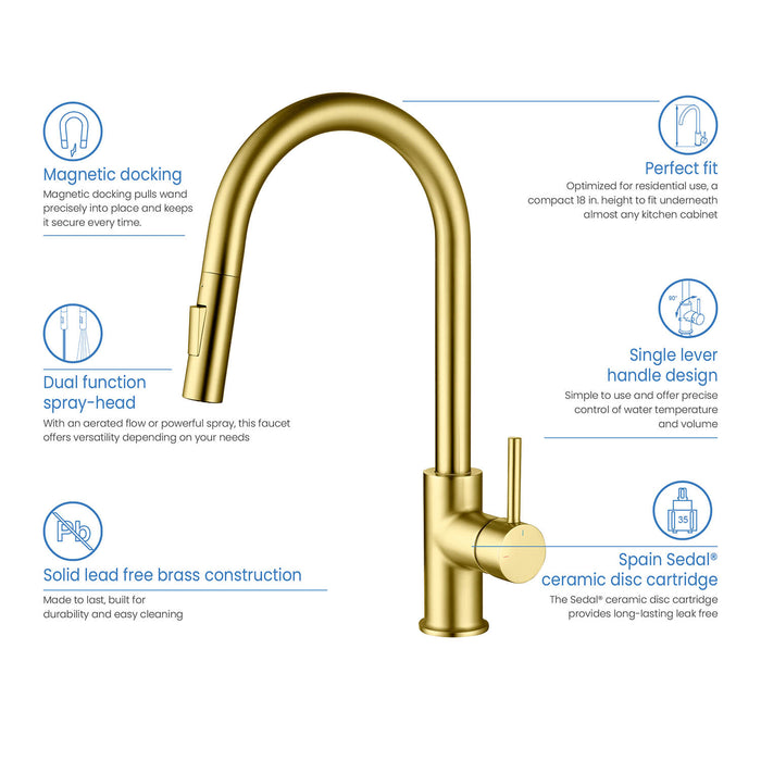 Kibi Circular Single Handle Pull Down Kitchen Faucet With Soap Dispenser in Brushed Gold Finish - C-KKF2013BG-KSD100BG