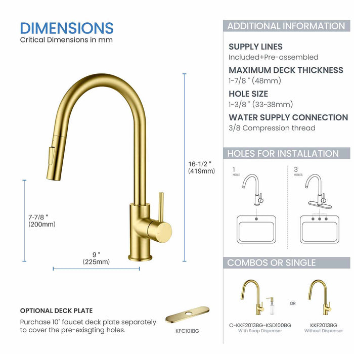 Kibi Circular Single Handle Pull Down Kitchen Faucet With Soap Dispenser in Brushed Gold Finish - C-KKF2013BG-KSD100BG