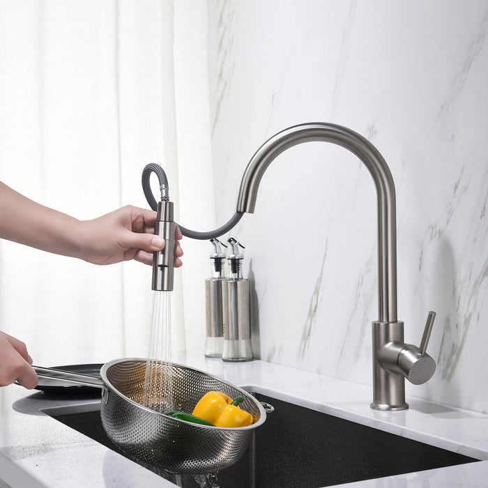 Kibi Circular Single Handle Pull Down Kitchen Faucet With Soap Dispenser in Brushed Nickel Finish - C-KKF2013BN-KSD100BN