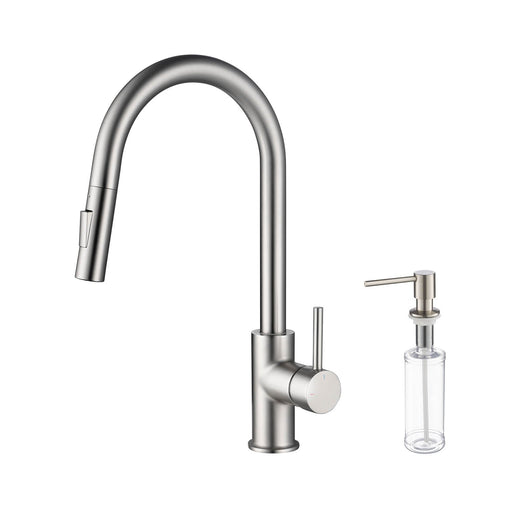 Kibi Circular Single Handle Pull Down Kitchen Faucet With Soap Dispenser in Brushed Nickel Finish - C-KKF2013BN-KSD100BN