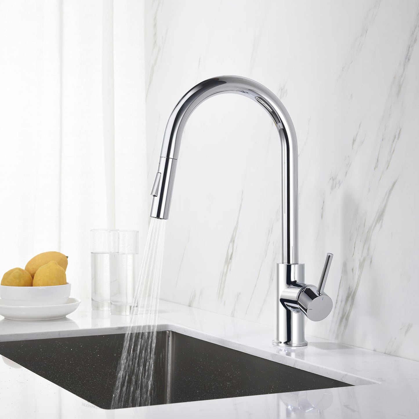 Kibi Circular Single Handle Pull Down Kitchen Faucet With Soap Dispenser in Chrome Finish - C-KKF2013CH-KSD100CH