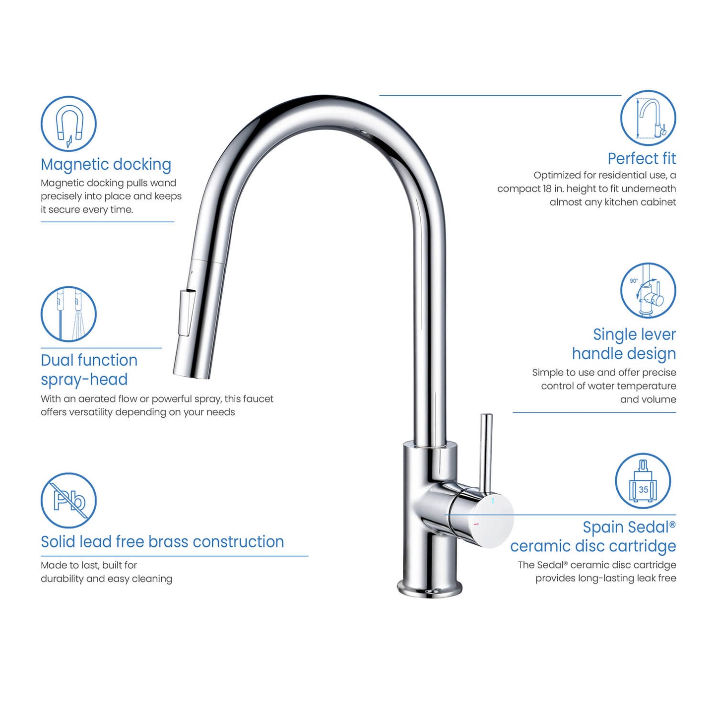 Kibi Circular Single Handle Pull Down Kitchen Faucet With Soap Dispenser in Chrome Finish - C-KKF2013CH-KSD100CH