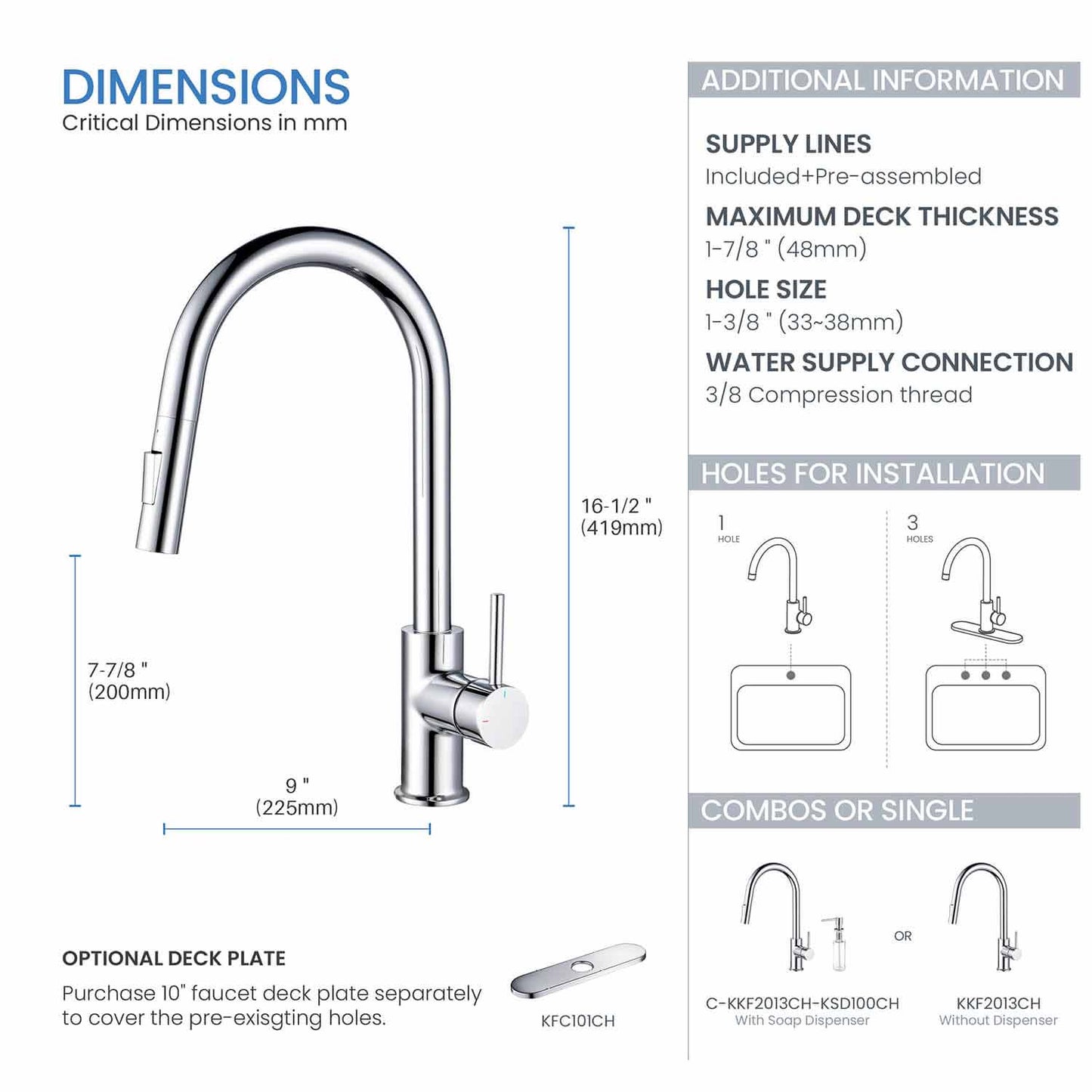 Kibi Circular Single Handle Pull Down Kitchen Faucet With Soap Dispenser in Chrome Finish - C-KKF2013CH-KSD100CH