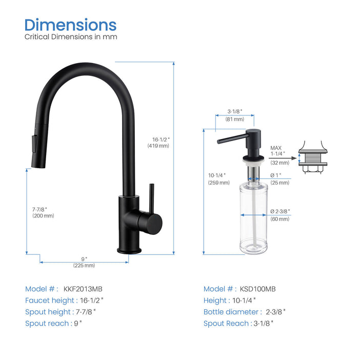 Kibi Circular Single Handle Pull Down Kitchen Faucet With Soap Dispenser in Matte Black Finish - C-KKF2013MB-KSD100MB