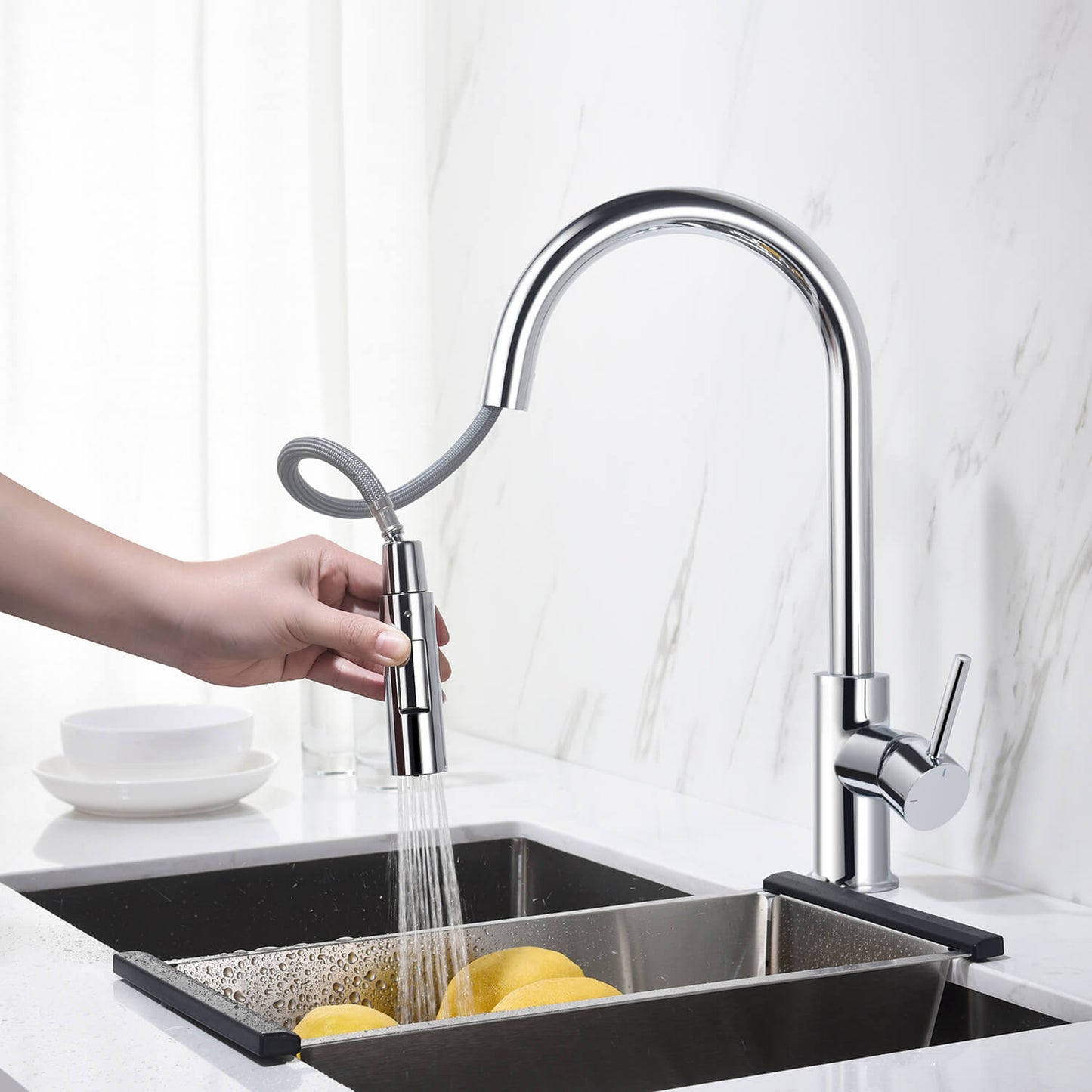 Kibi Circular Single Handle Pull Down Kitchen Faucet in Chrome Finish - KKF2013CH
