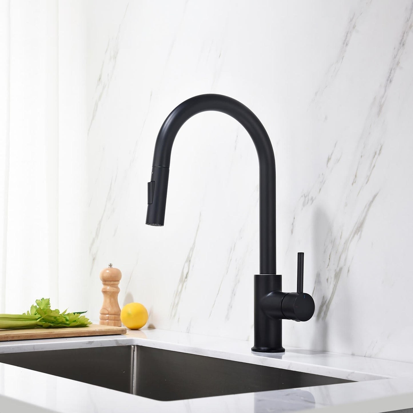 Kibi Circular Single Handle Pull Down Kitchen Faucet in Matte Black Finish - KKF2013MB