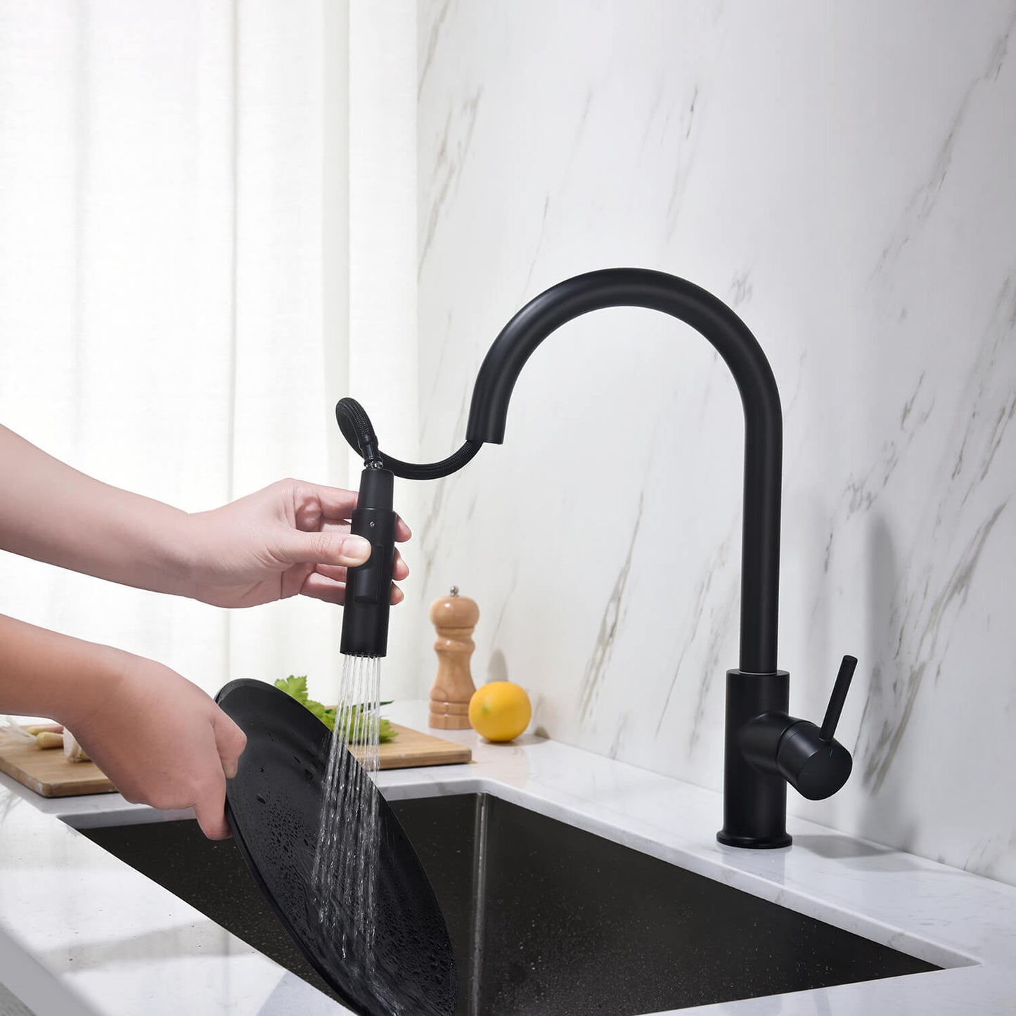 Kibi Circular Single Handle Pull Down Kitchen Faucet in Matte Black Finish - KKF2013MB