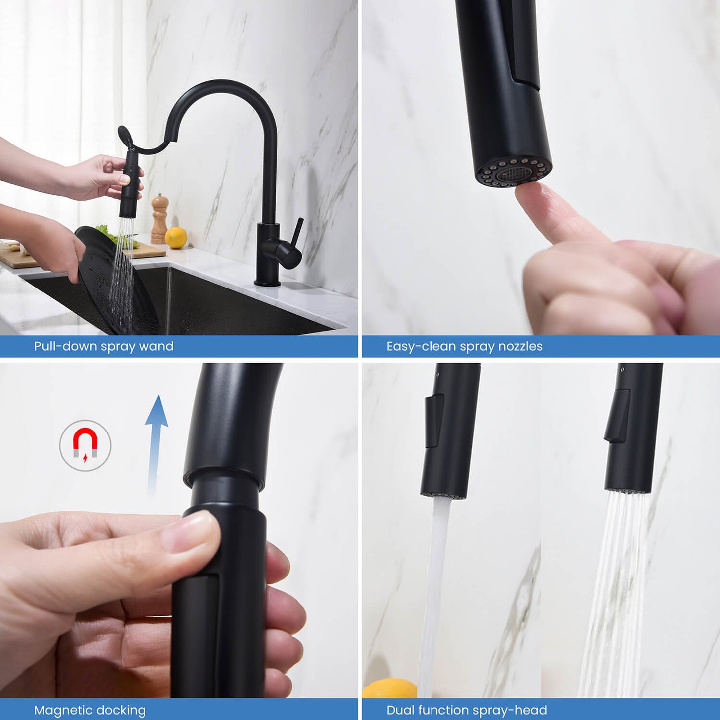 Kibi Circular Single Handle Pull Down Kitchen Faucet in Matte Black Finish - KKF2013MB