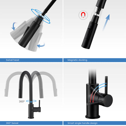Kibi Circular Single Handle Pull Down Kitchen Faucet in Matte Black Finish - KKF2013MB