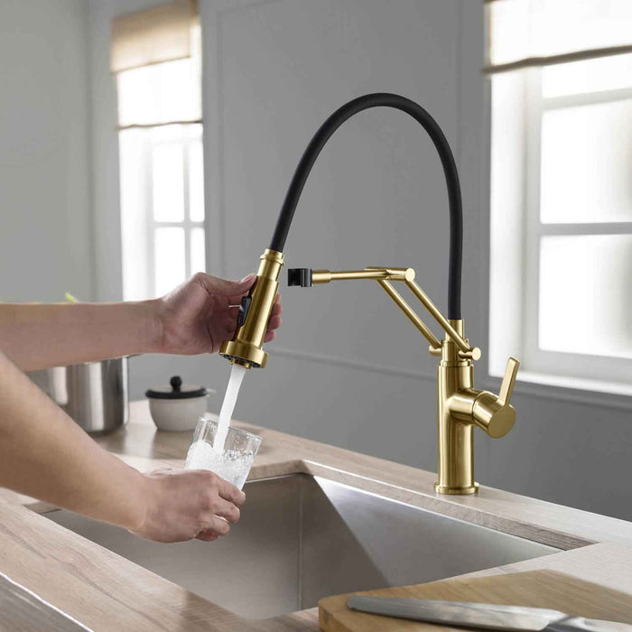 Kibi Engel Single Handle Pull Down Kitchen Faucet In Brushed Gold Finish - KKF2014BG