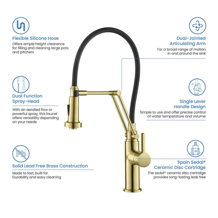 Kibi Engel Single Handle Pull Down Kitchen Faucet In Brushed Gold Finish - KKF2014BG