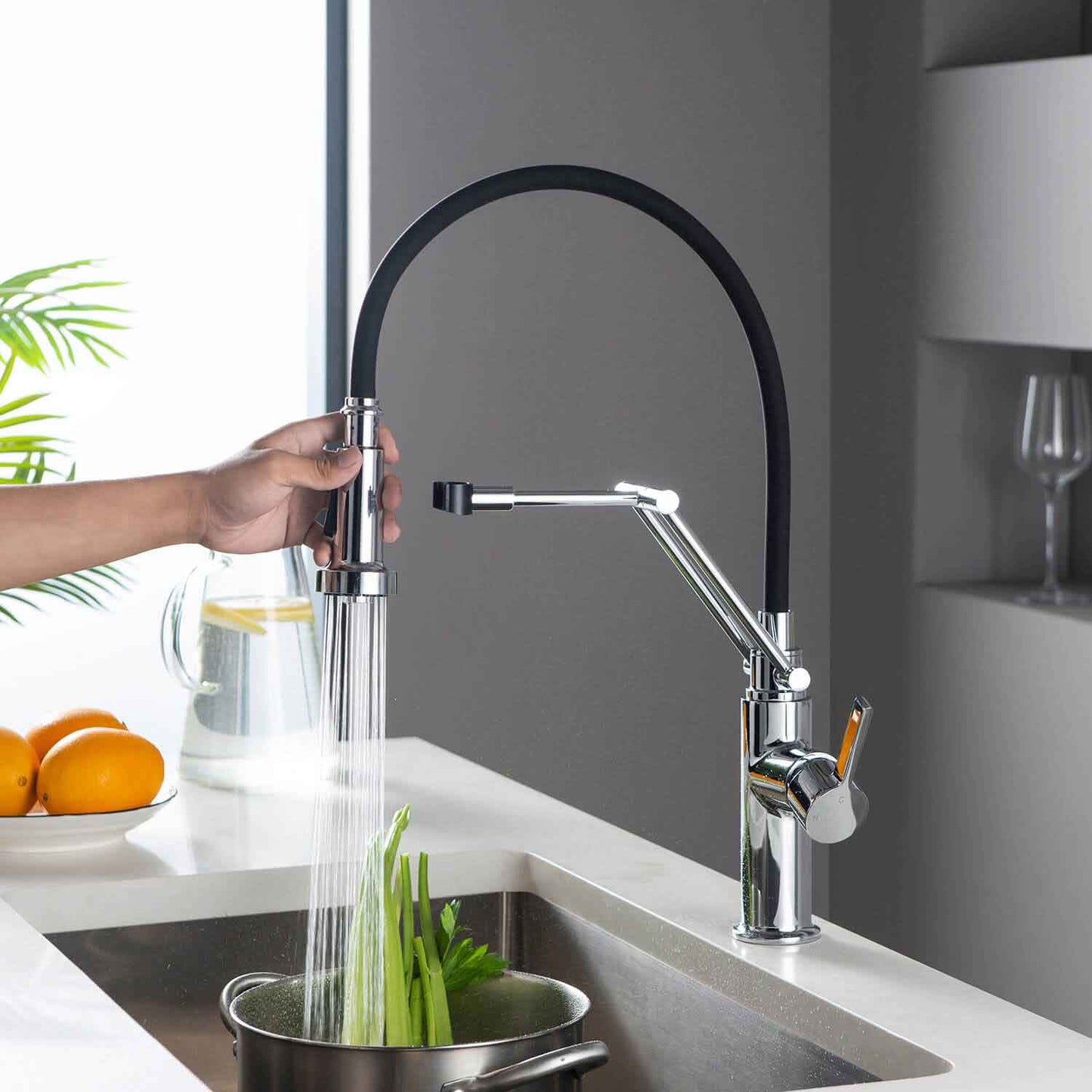 Kibi Engel Single Handle Pull Down Kitchen Faucet In Chrome Finish - KKF2014CH