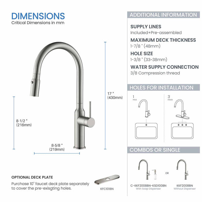 Kibi Hilo Single Handle High Arc Pull Down Kitchen Faucet With Soap Dispenser in Brushed Nickel Finish - C-KKF2008BN-KSD100BN