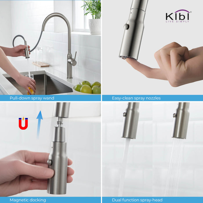 Kibi Hilo Single Handle High Arc Pull Down Kitchen Faucet With Soap Dispenser in Brushed Nickel Finish - C-KKF2008BN-KSD100BN