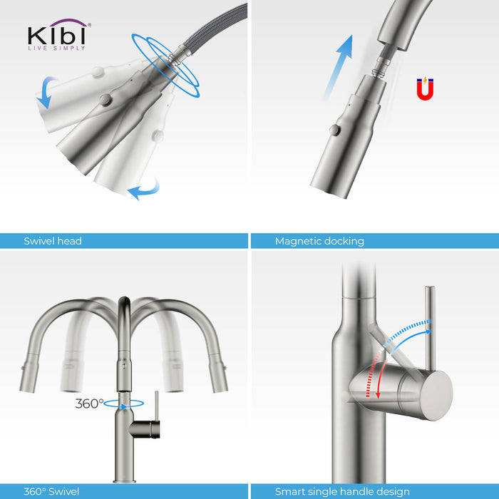 Kibi Hilo Single Handle High Arc Pull Down Kitchen Faucet With Soap Dispenser in Brushed Nickel Finish - C-KKF2008BN-KSD100BN