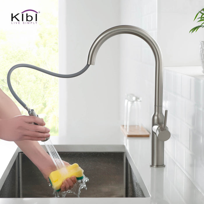 Kibi Hilo Single Handle High Arc Pull Down Kitchen Faucet With Soap Dispenser in Brushed Nickel Finish - C-KKF2008BN-KSD100BN