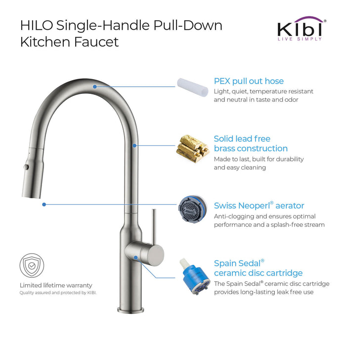 Kibi Hilo Single Handle High Arc Pull Down Kitchen Faucet With Soap Dispenser in Brushed Nickel Finish - C-KKF2008BN-KSD100BN