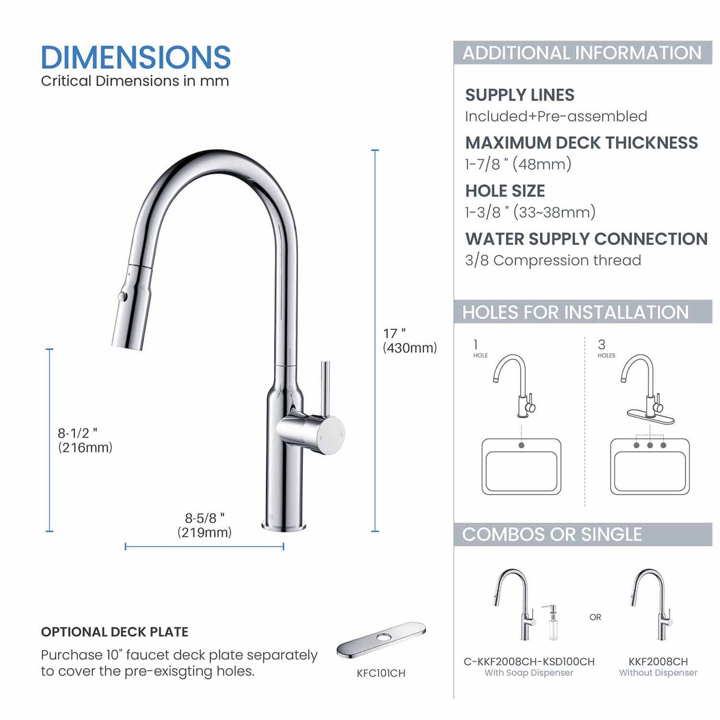 Kibi Hilo Single Handle High Arc Pull Down Kitchen Faucet With Soap Dispenser in Chrome Finish - C-KKF2008CH-KSD100CH