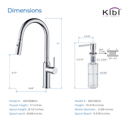 Kibi Hilo Single Handle High Arc Pull Down Kitchen Faucet With Soap Dispenser in Chrome Finish - C-KKF2008CH-KSD100CH