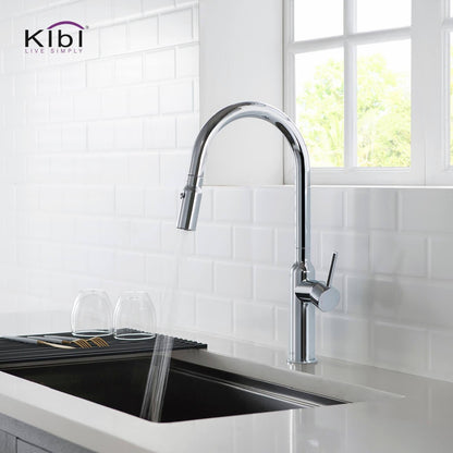 Kibi Hilo Single Handle High Arc Pull Down Kitchen Faucet With Soap Dispenser in Chrome Finish - C-KKF2008CH-KSD100CH