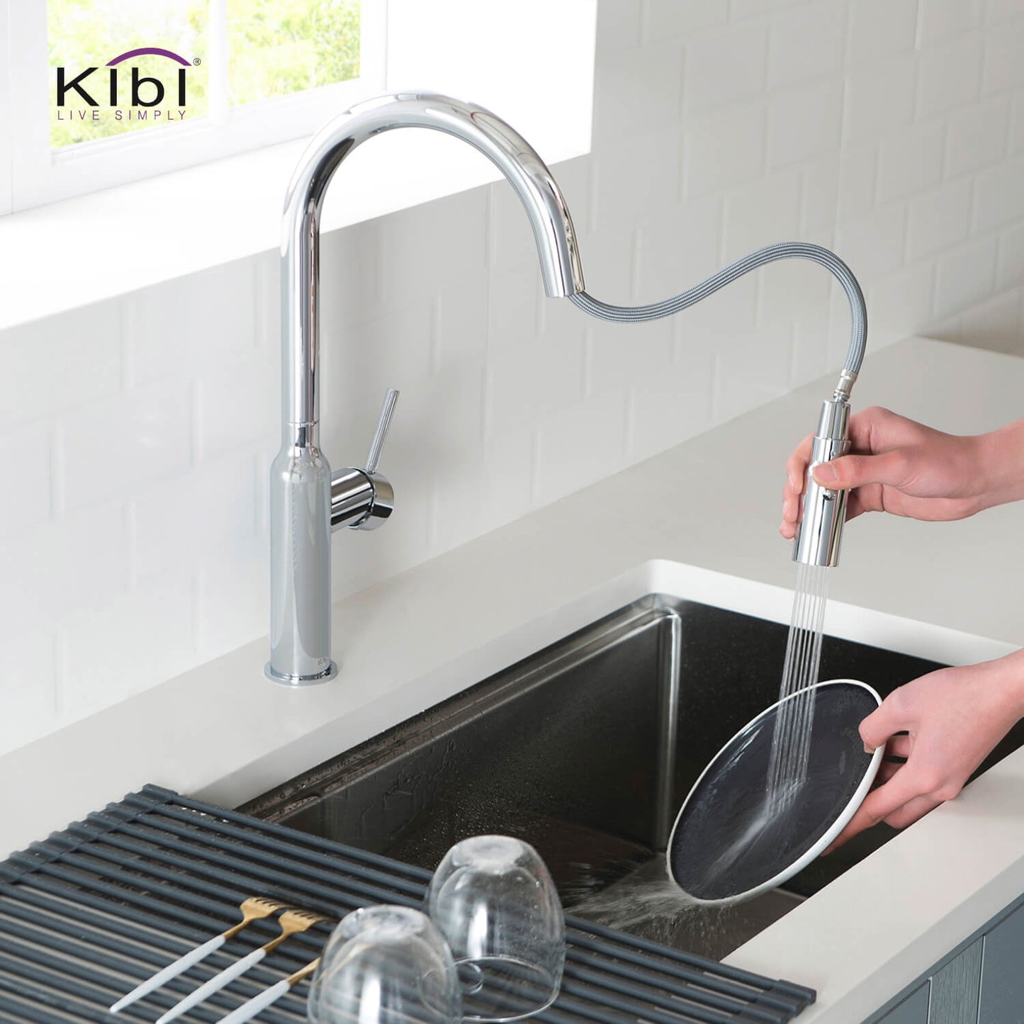 Kibi Hilo Single Handle High Arc Pull Down Kitchen Faucet With Soap Dispenser in Chrome Finish - C-KKF2008CH-KSD100CH