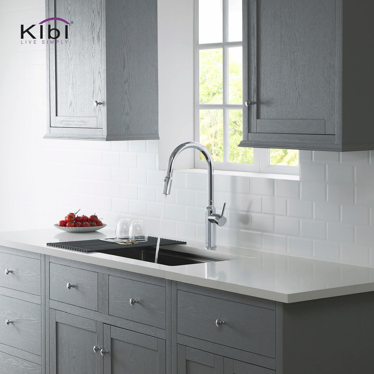 Kibi Hilo Single Handle High Arc Pull Down Kitchen Faucet With Soap Dispenser in Chrome Finish - C-KKF2008CH-KSD100CH
