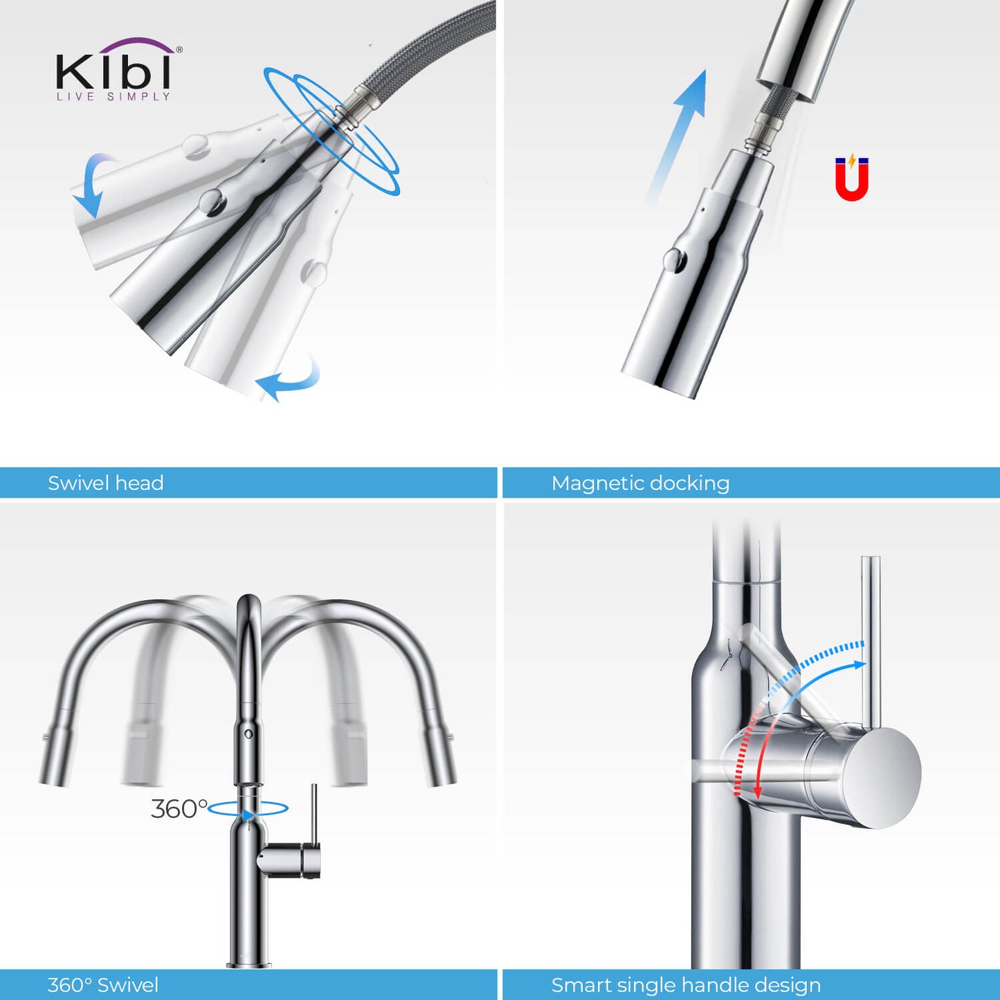 Kibi Hilo Single Handle High Arc Pull Down Kitchen Faucet With Soap Dispenser in Chrome Finish - C-KKF2008CH-KSD100CH