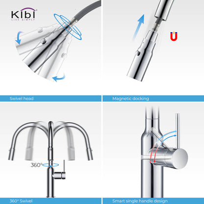 Kibi Hilo Single Handle High Arc Pull Down Kitchen Faucet With Soap Dispenser in Chrome Finish - C-KKF2008CH-KSD100CH