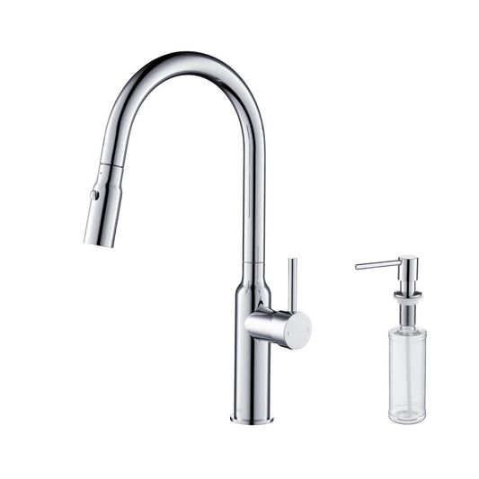 Kibi Hilo Single Handle High Arc Pull Down Kitchen Faucet With Soap Dispenser in Chrome Finish - C-KKF2008CH-KSD100CH