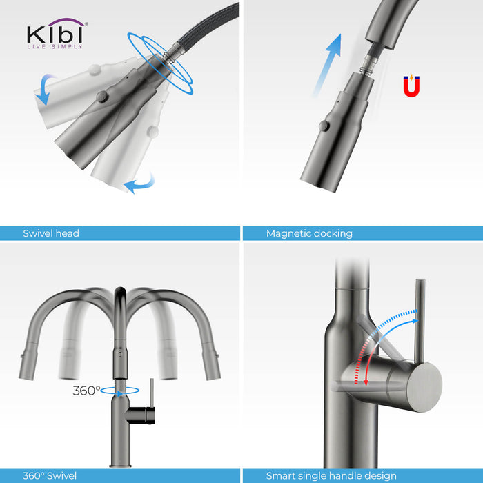 Kibi Hilo Single Handle High Arc Pull Down Kitchen Faucet With Soap Dispenser in Titanium Finish - C-KKF2008TT-KSD100TT