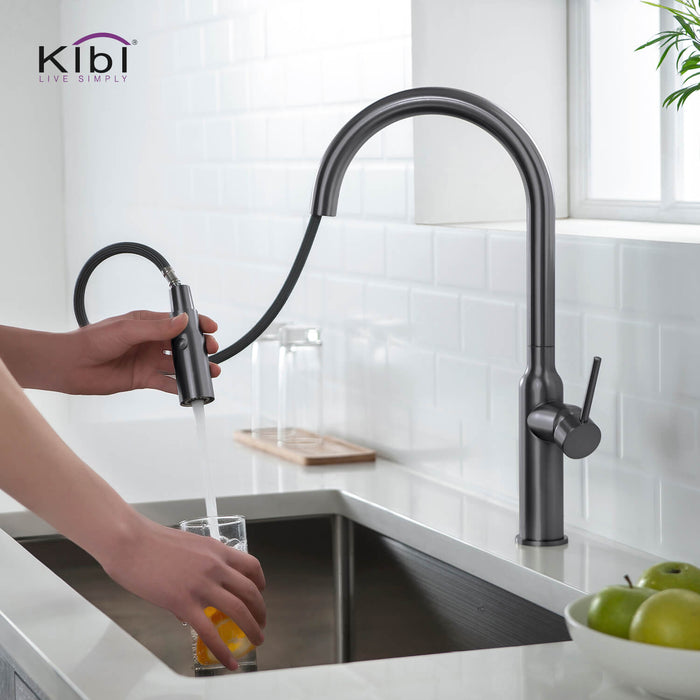 Kibi Hilo Single Handle High Arc Pull Down Kitchen Faucet With Soap Dispenser in Titanium Finish - C-KKF2008TT-KSD100TT