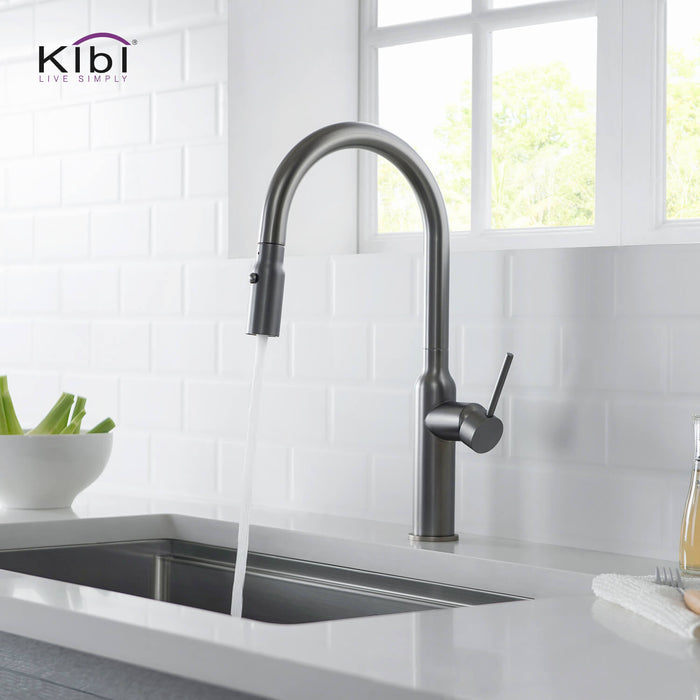 Kibi Hilo Single Handle High Arc Pull Down Kitchen Faucet With Soap Dispenser in Titanium Finish - C-KKF2008TT-KSD100TT