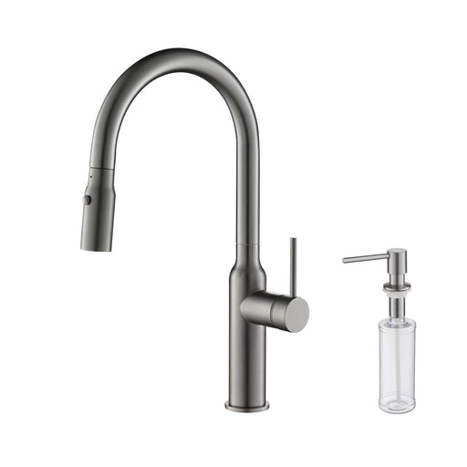 Kibi Hilo Single Handle High Arc Pull Down Kitchen Faucet With Soap Dispenser in Titanium Finish - C-KKF2008TT-KSD100TT