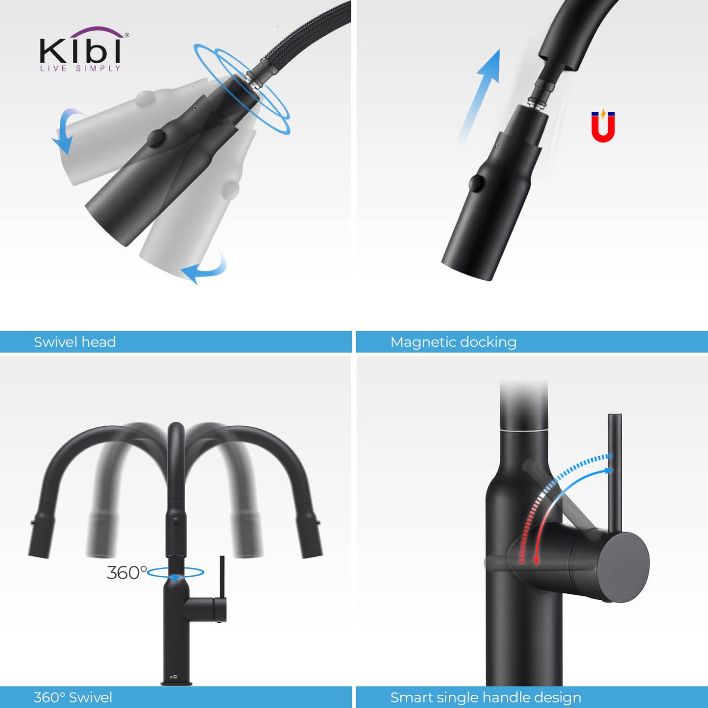 Kibi Hilo Single Handle High Arc Pull Down Kitchen Faucet in Matte Black Finish - KKF2008MB