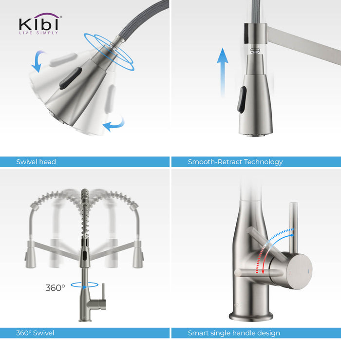 Kibi Largo Single Handle Pull Down Kitchen Faucet With Soap Dispenser in Brushed Nickel Finish - C-KKF2006BN-KSD100BN