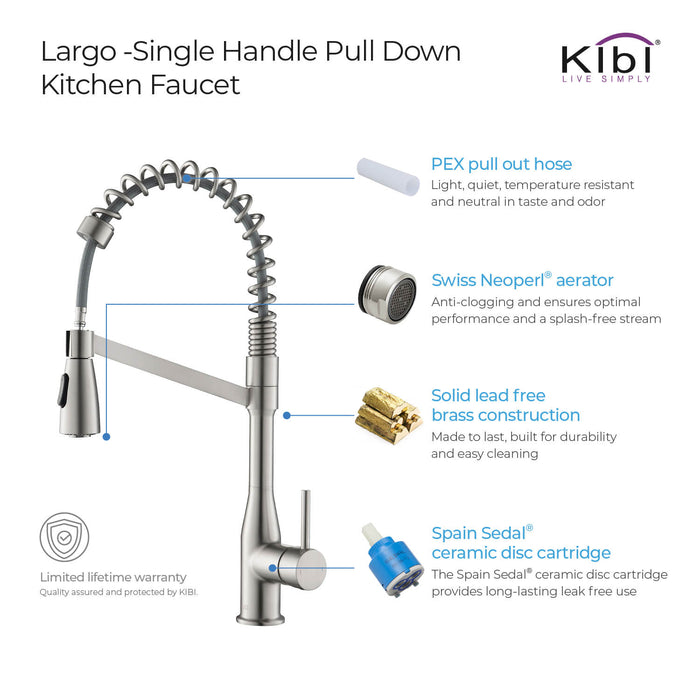 Kibi Largo Single Handle Pull Down Kitchen Faucet With Soap Dispenser in Brushed Nickel Finish - C-KKF2006BN-KSD100BN